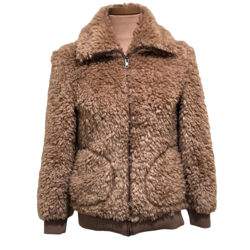 ModCloth BB Dakota Sherpa Teddy Bomber Jacket Size XS Camel Brown Faux Fur Zip